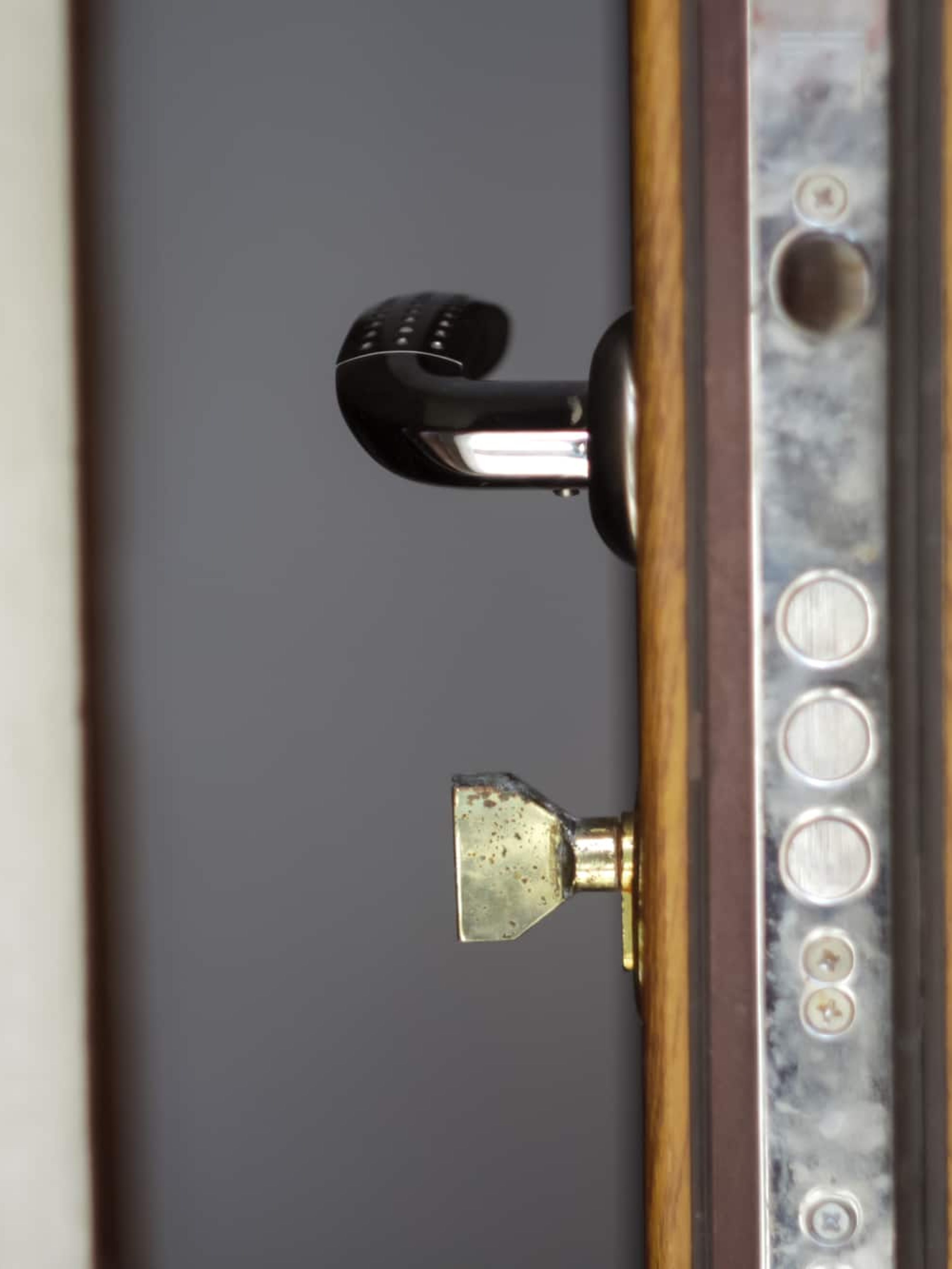 Defocus half opened door to a living room. Door handle, door lock. Opening door. Welcome, privacy concept. Entrance to the room. Modern, contemporary satin handle and keyhole detail. Out of focus.